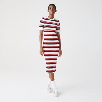 Lacoste Lacoste LIVE Striped Cotton Ribbed T-Shirt Dress - Šaty Dámské Bílé / Tmavě Blankyt Blankyt